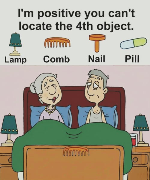 Can you see the pill, lamp, comb, and nail?
