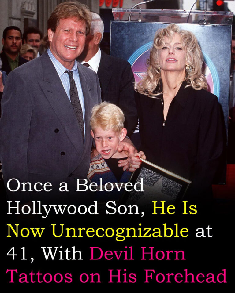 son is unrecognizable at 41, with devil horns inked into his scalp